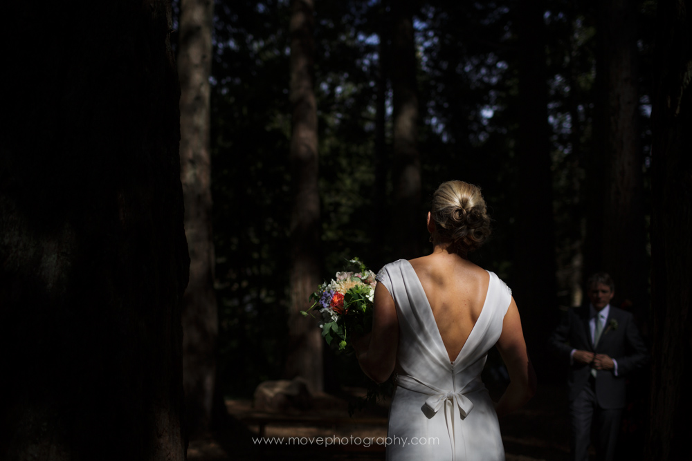 A bride and groom prepare for portraits in a redwood grove in Berkeley, CA